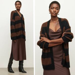 New! AllSaints Lou Stripe Wool Italian Brushed Knit Cardigan Oversized Sweater